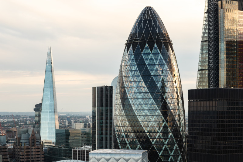 A view of the distinctive Gherkin building in London.