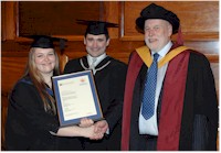 Sara Sheridan being congratulated by Dr Williams (right) and Mr Revell after receiving the 2006 prize